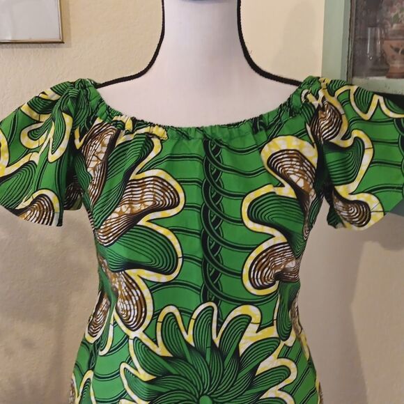 African Wax Print Green Floral Off-Shoulder Dress Handmade One of A Kind - Picture 3 of 11